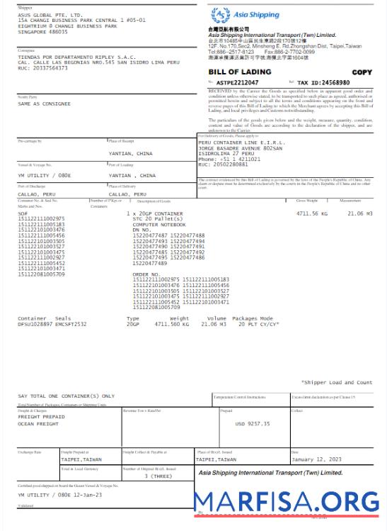 Downloadable SINGAPORE ASIA SHIPPING utility bill Word and PDF template
